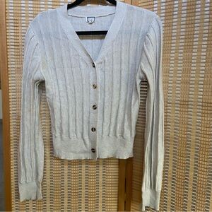 Cream Button-Up Cardigan with V-Neck and Ribbed Knit